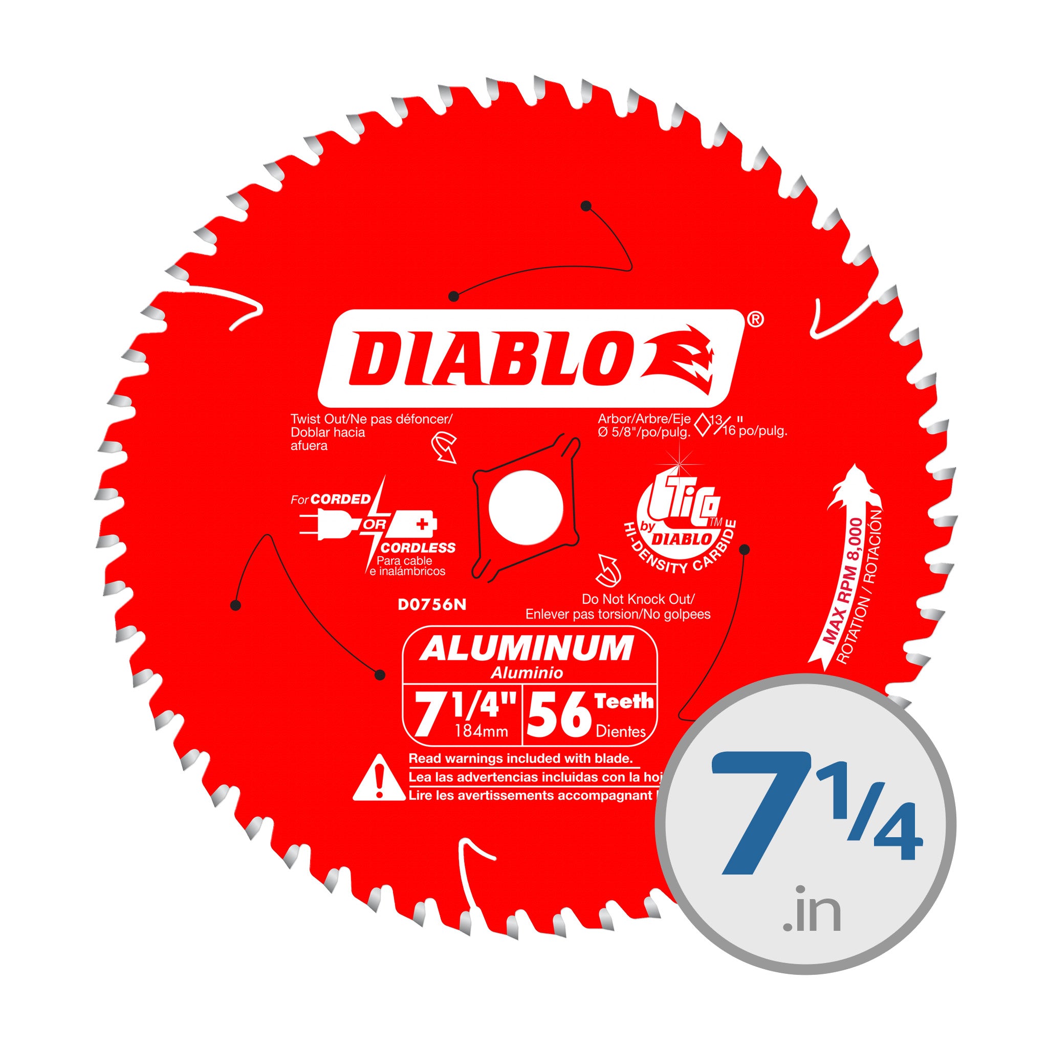 Diablo 7-1/4 in. x 56 Tooth Thick Aluminum Cutting Saw Blade - D0756N ...